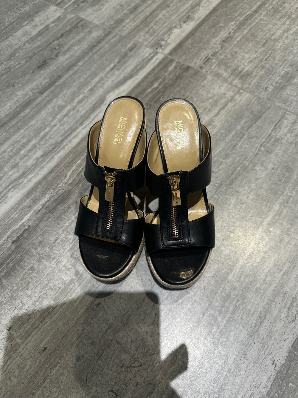 MICHAEL Michael Kors Black Leather Gold-Zip Wedge Mules
